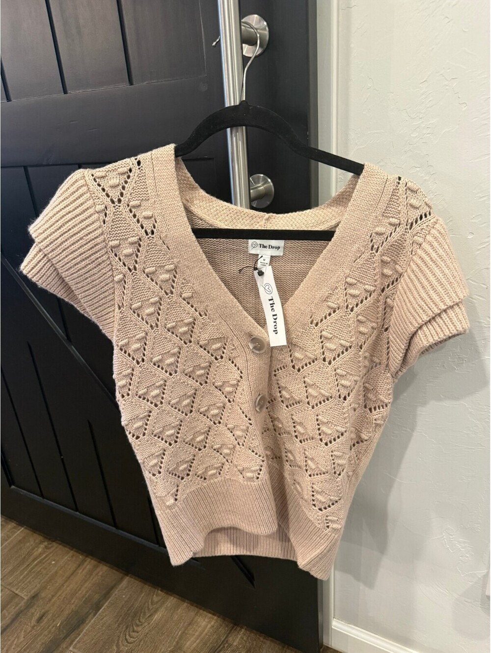 The Drop Beige Short Sleeve Knit Cardigan Sweater Medium